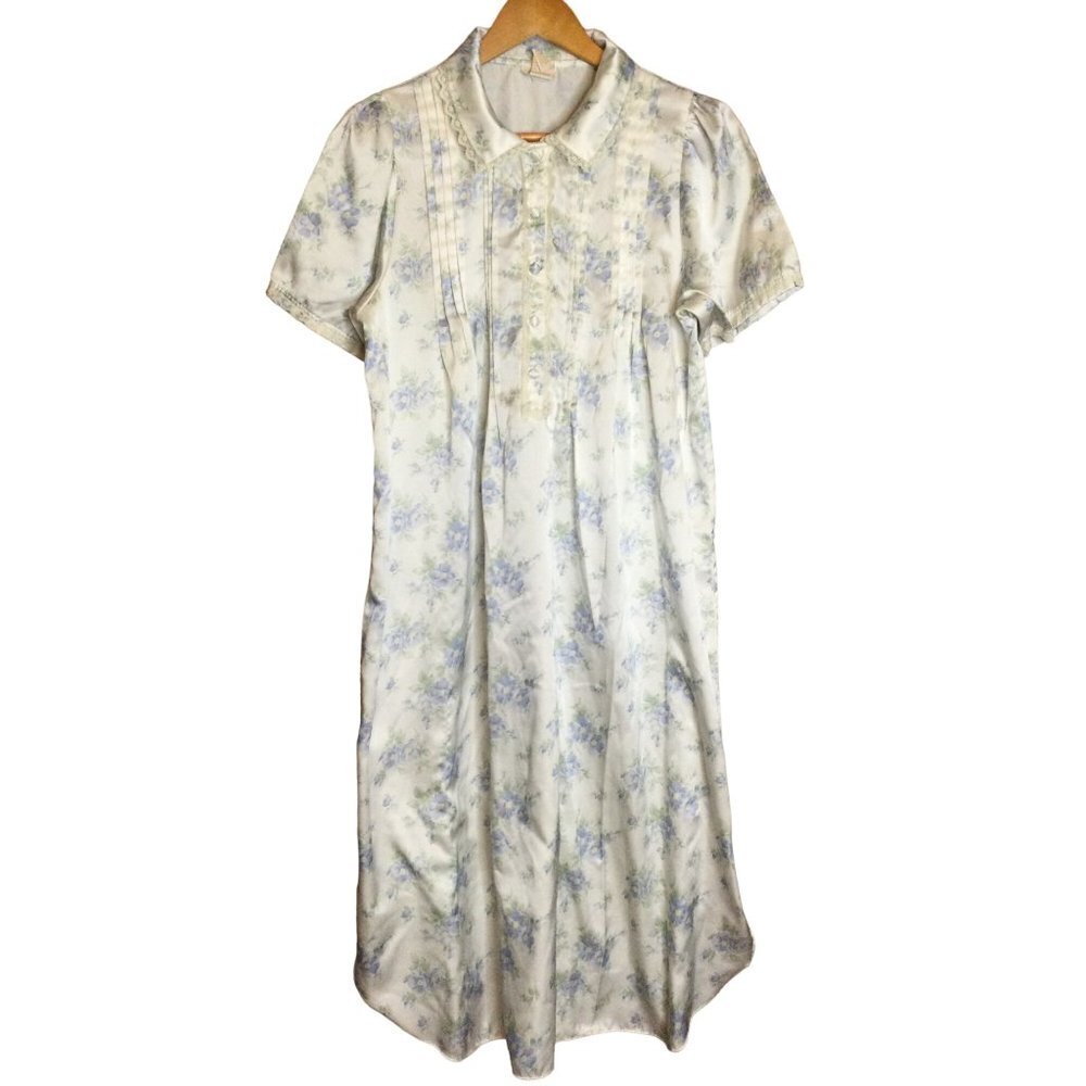 Vintage Barbizon Womens Nightgown Floral Lace Detail Pleated Collared SZ Medium